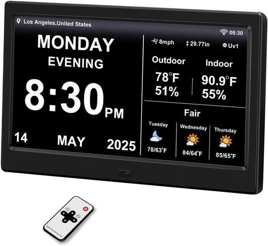 2025 Digital Clock with Weather Forecast & Temperature/Humidity Large Display,Auto Time Sync, Custom Alarms & Medication Reminders, Elderly Memory Loss (Black, 10.1 Inch)