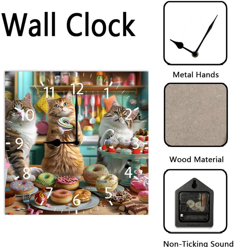 10 in Kitchen Kittens and Donuts -292 Wood Wall Clock – Digital Time Display, Smart Home Compatible for Bedside or Workspace