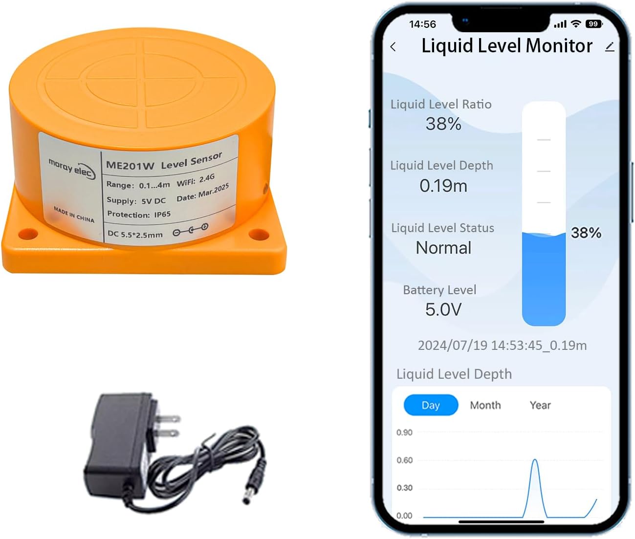 Moray Smart WiFi Water Level Sensor Water Tank Level Monitor Oil Tank Gauge Sensor , Automatic Alarm Indicator for Tuya Smart Life Mobile APP Smart Home Remote IP65 Waterproof (ME201W)