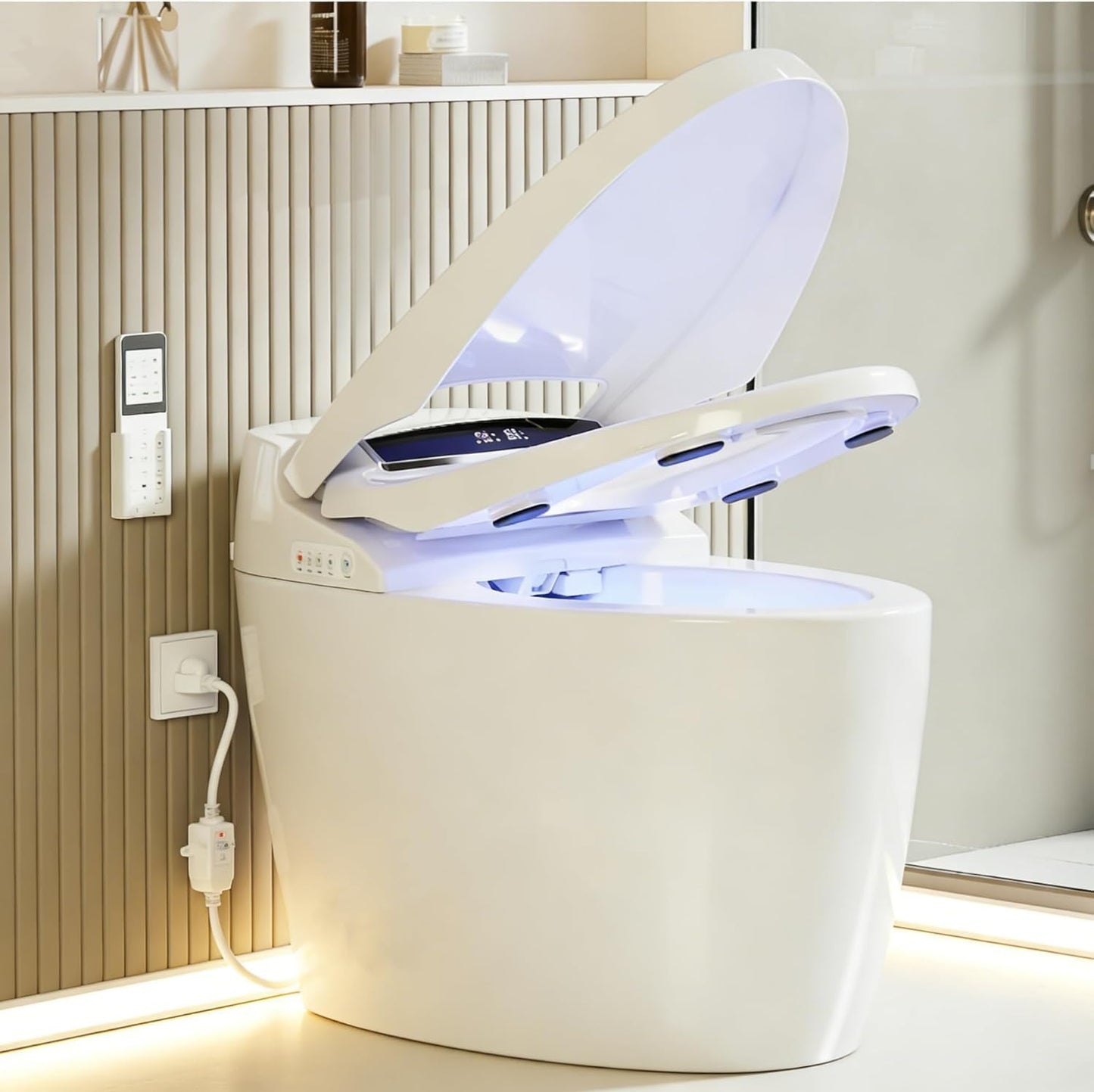 TDH Smart Toilet, Tankless Toilets with Foot Sensor Operation, Heated ToiletSeat with Warm Water Sprayer and Dryer, LED Display with Fahrenheit, Round Toilet Seat