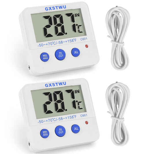 Fridge Freezer Thermometer Max/Min Memory High & Low Temperature Alarms Settings with LED Indicator Digital Refrigeration Thermometer with Magnetic,Stander (WhiteMeter2pack)