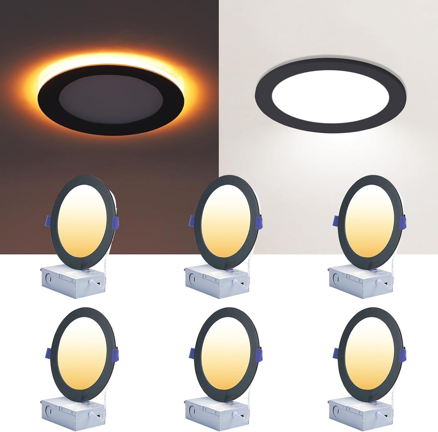 CycevSun 6 Pack Black Recessed Lights 6 Inch with Night Light, Canless Ultra Thin Wafer Downlight Indoor Outdoor Exterior Soffit, Dimmable & 5 Color Selectable, 12W, ETL Listed