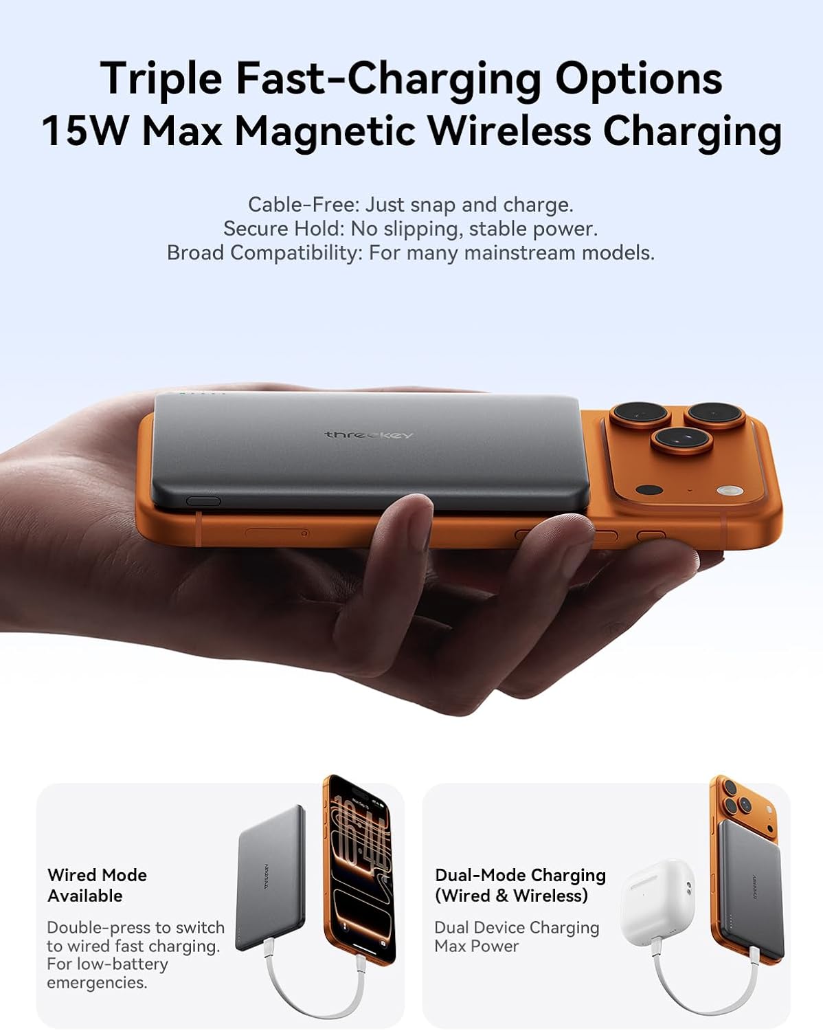 THREEKEY 0.3'' Ultra Slim for MagSafe Portable Charger, 5000mAh Card Slim Magnetic Power Bank,15W Wireless Fast Charging Battery Pack for iPhone 17 Air 16 15 14 13 12 Pro Max Plus (Ice Grey)