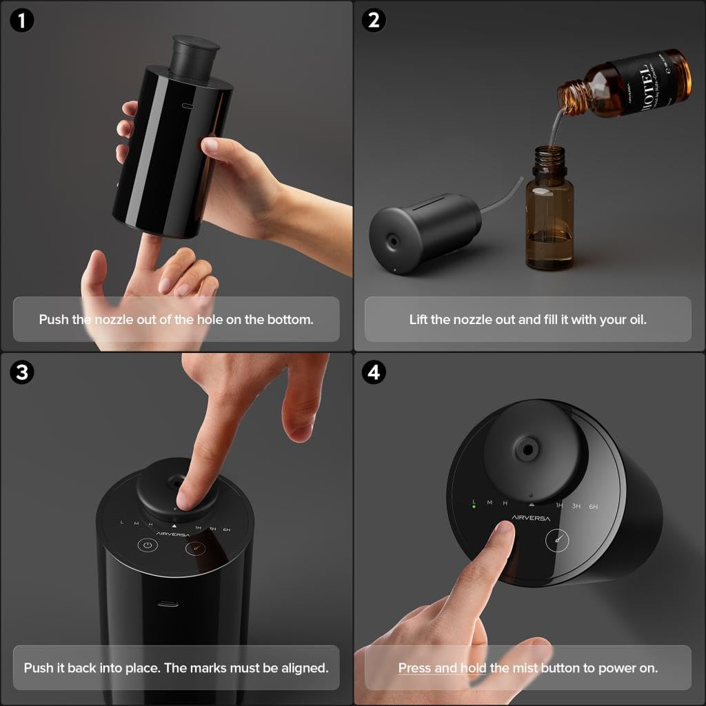 Airversa Waterless Essential Oil Diffuser Starter Kit with 30mL Hotel Fragrance Oil Inspired by Ritz-C., Battery Operated Car Diffuser, Portable Aroma Nebulizer for Home Car Office, AN6Kit-2, Black