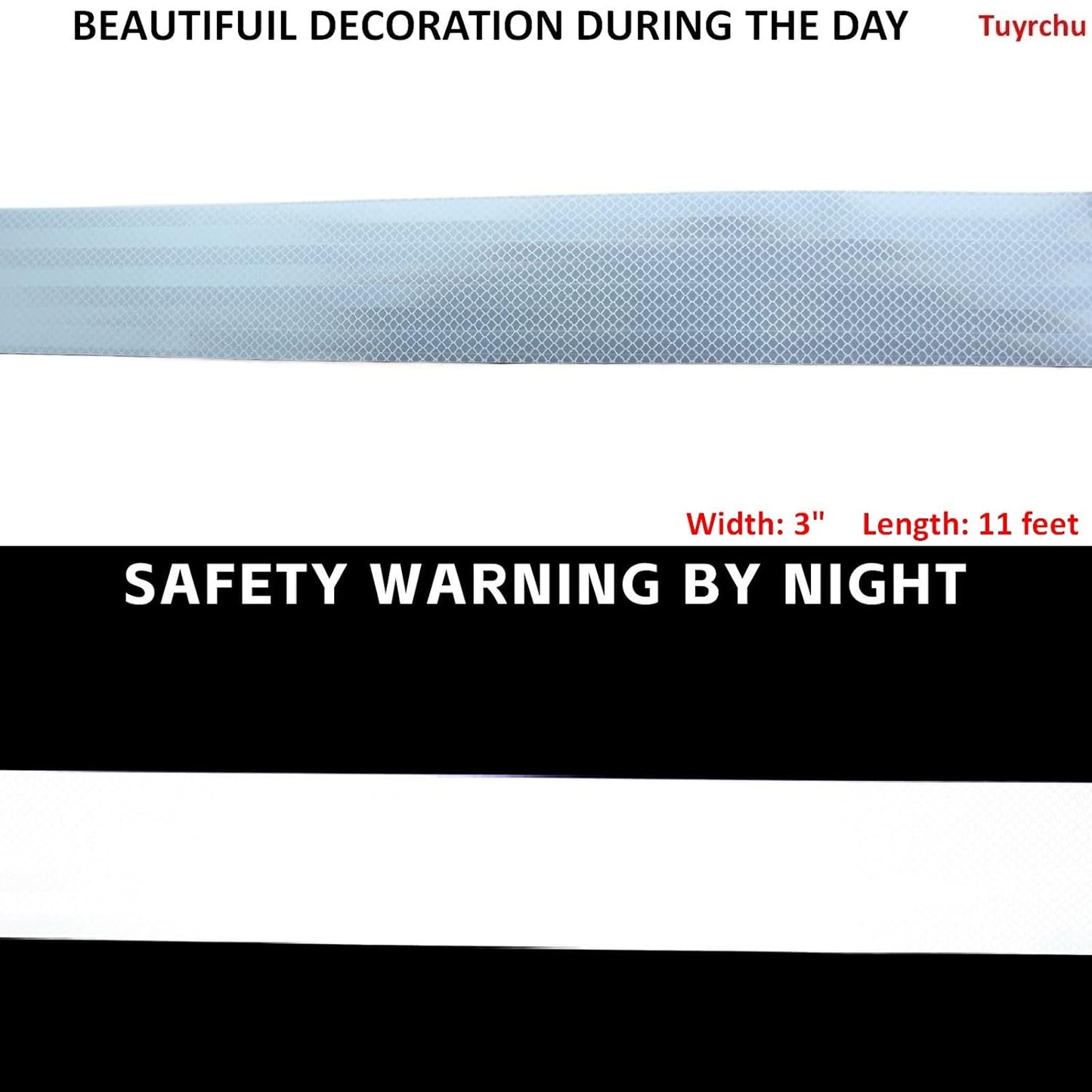 Non Fading White Reflective Tape Outdoor Waterproof 3 inch, High Visibility Warning Industrial Marking Tape,Safety Stickers (11 feet)