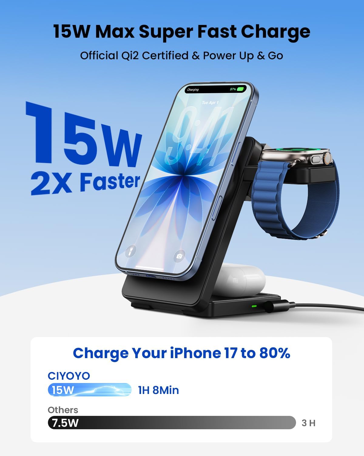 Magnetic Wireless Charger Stand for iPhone: CIYOYO Qi2 15W Max 3-in-1 Fast Charging Station, Foldable Wireless Charger for iPhone 17 16 15 14 13 12 Series, Apple Watch & AirPods, Portable Travel Dock