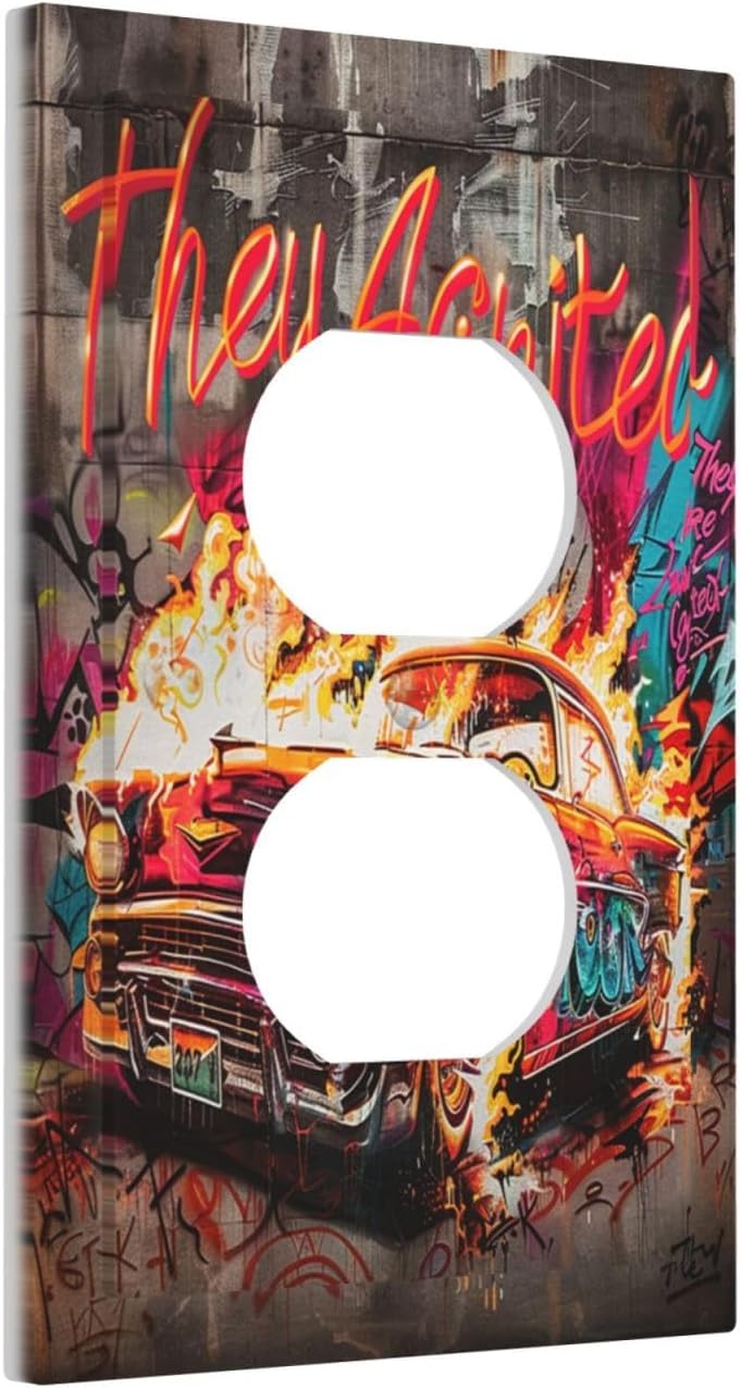 Outlet Covers Hip Hop Street Graffiti Flame Car 1 Gang Duplex Wall Plate Decorative Switch Plates Electrical Receptacle Faceplate Light Switch Cover for Bedroom living Room Decor
