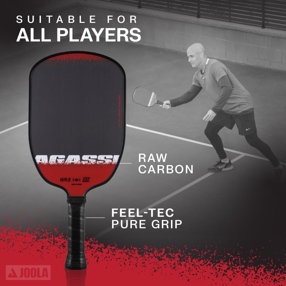 JOOLA Agassi Edge 16mm Pickleball Paddle - Carbon Fiber Pickleball Racket Surface Increases Spin & Control - Agassi Shape with Extended Sweet Spot - UPA-A Certified - USAP Approved - NFC Chip Enabled