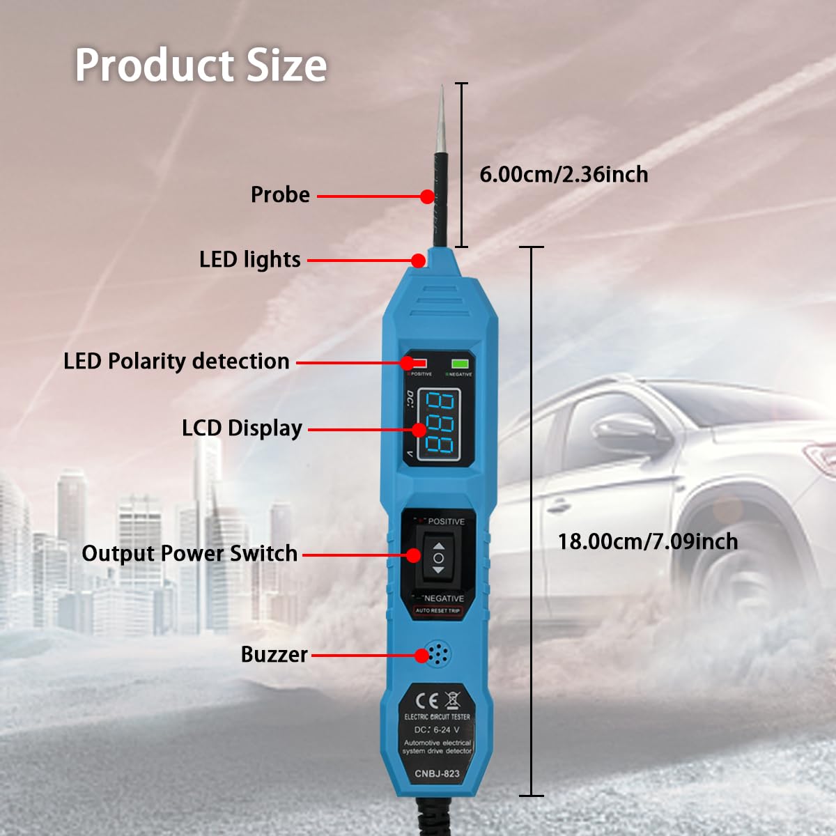 Power Circuit Tester, 6-24V DC Test Light Short Circuit, Automotive Component Electrical Polarity Identify Continuity Tester, Overload Protection