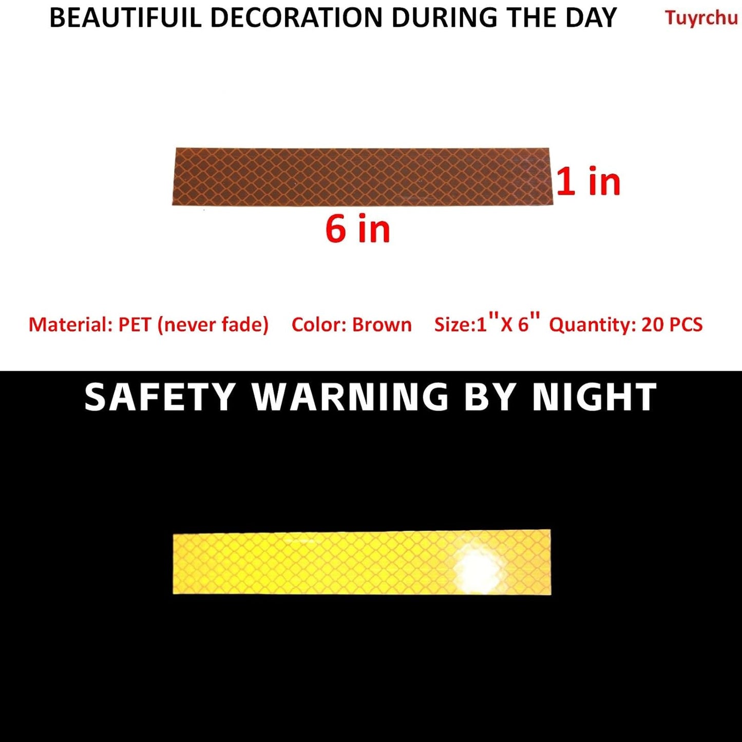 Non Fading Brown Reflective Stickers 1 inch X 6 inch, Outdoor Waterproof High Visibility Warning Safety Adhesive Reflector Tape (20 Pcs)
