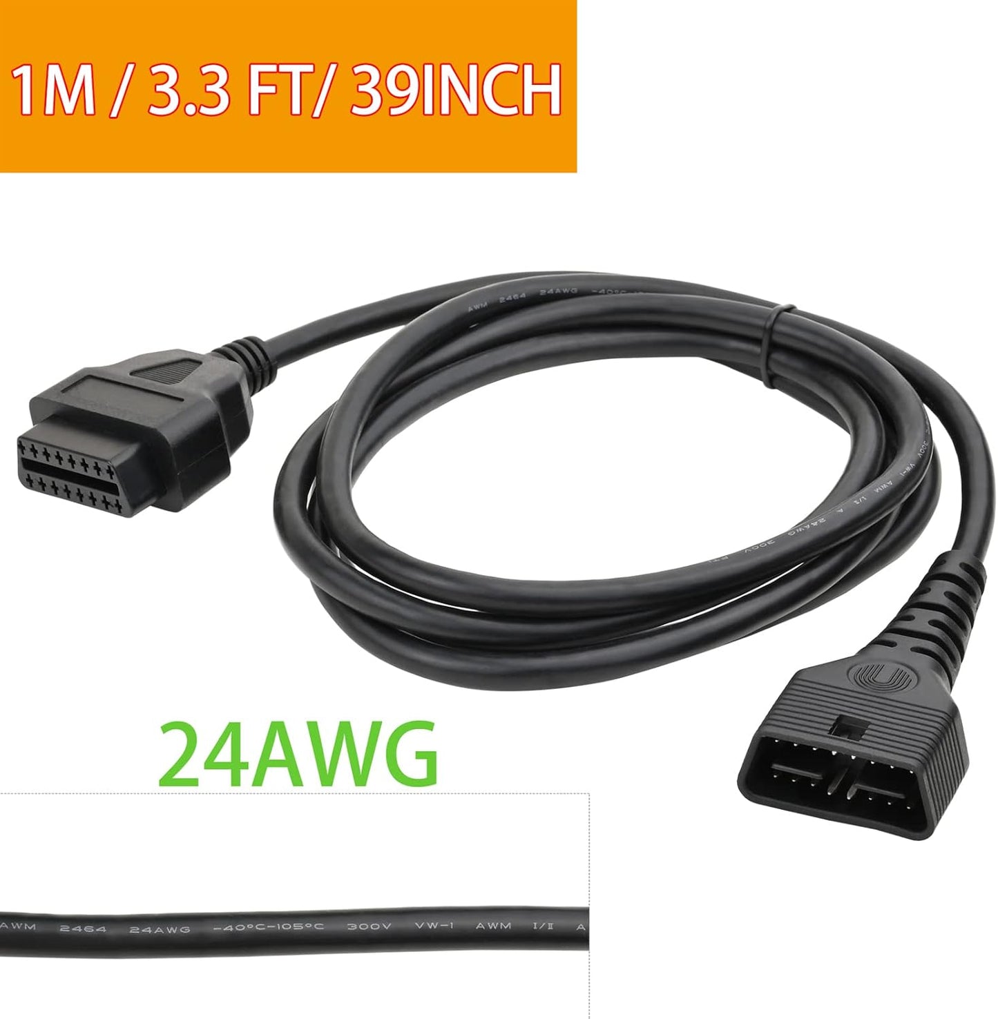 iKKEGOL Full 16 Pin OBD2 OBD II Male to Female Extension Cable Cord Diagnostic Tool Adapter for Auto Car Vehicle Truck 24V All OBD2 Port Plug Connector 24AWG (1M/3.3FT)