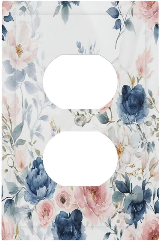 Elegant Watercolor Pink Blue Flowers Floral 1 Gang Duplex Receptacle Switch Wall Plate Decorative Switchplate Outlet Covers Electrical Plug Cover Faceplate for Bathroom Home Decor 5 X 3 IN