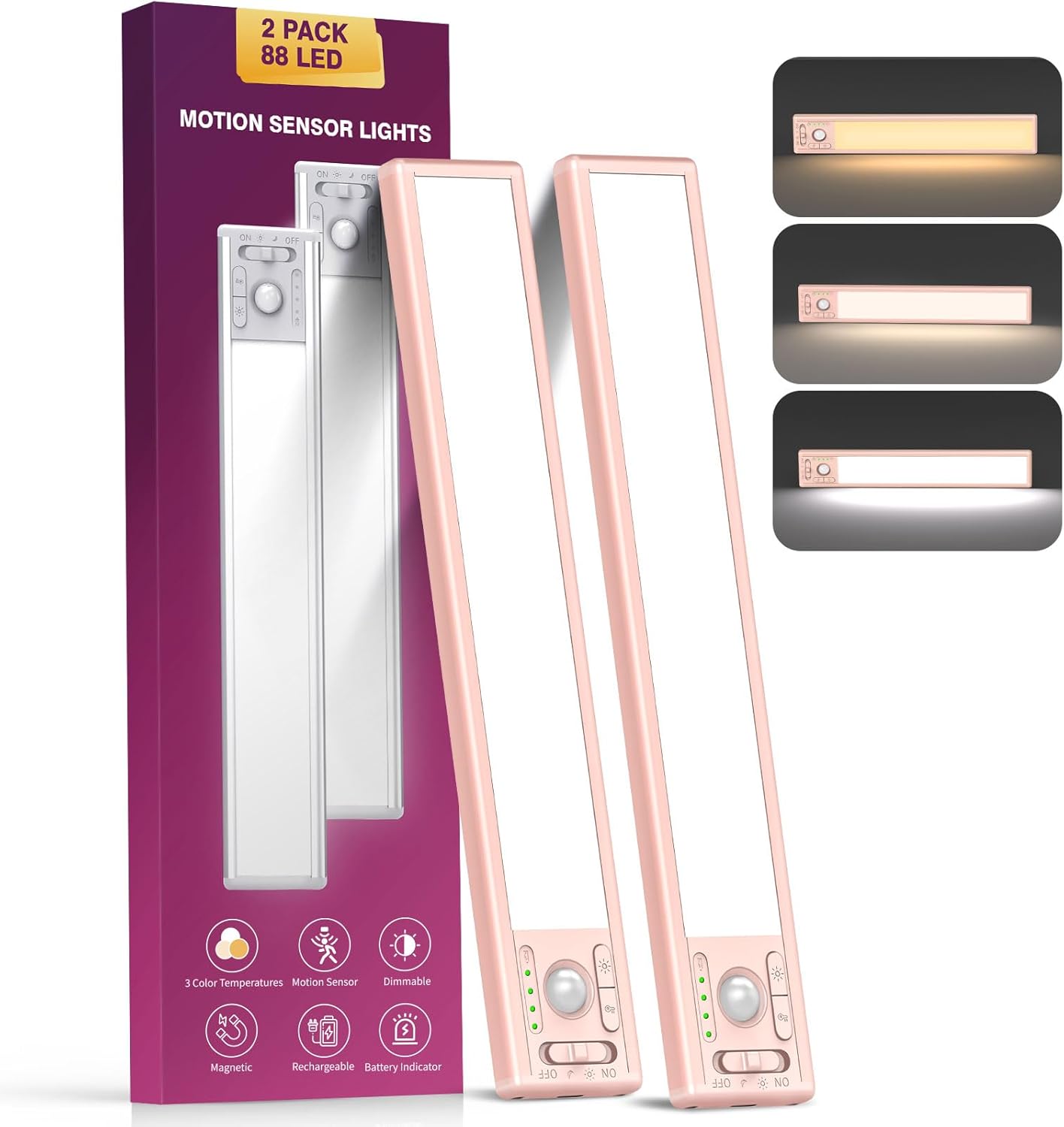 OTWKAY 10.5inch Under Cabinet Lighting with 3 Color Temps, 2 Pack Rechargeable Motion Sensor Lights Indoor, Dimmable Under Counter Lights for Kitchen, Closet