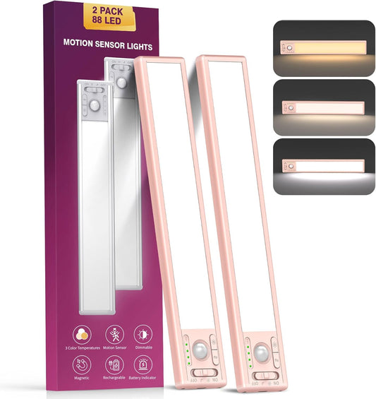 OTWKAY 10.5inch Under Cabinet Lighting with 3 Color Temps, 2 Pack Rechargeable Motion Sensor Lights Indoor, Dimmable Under Counter Lights for Kitchen, Closet