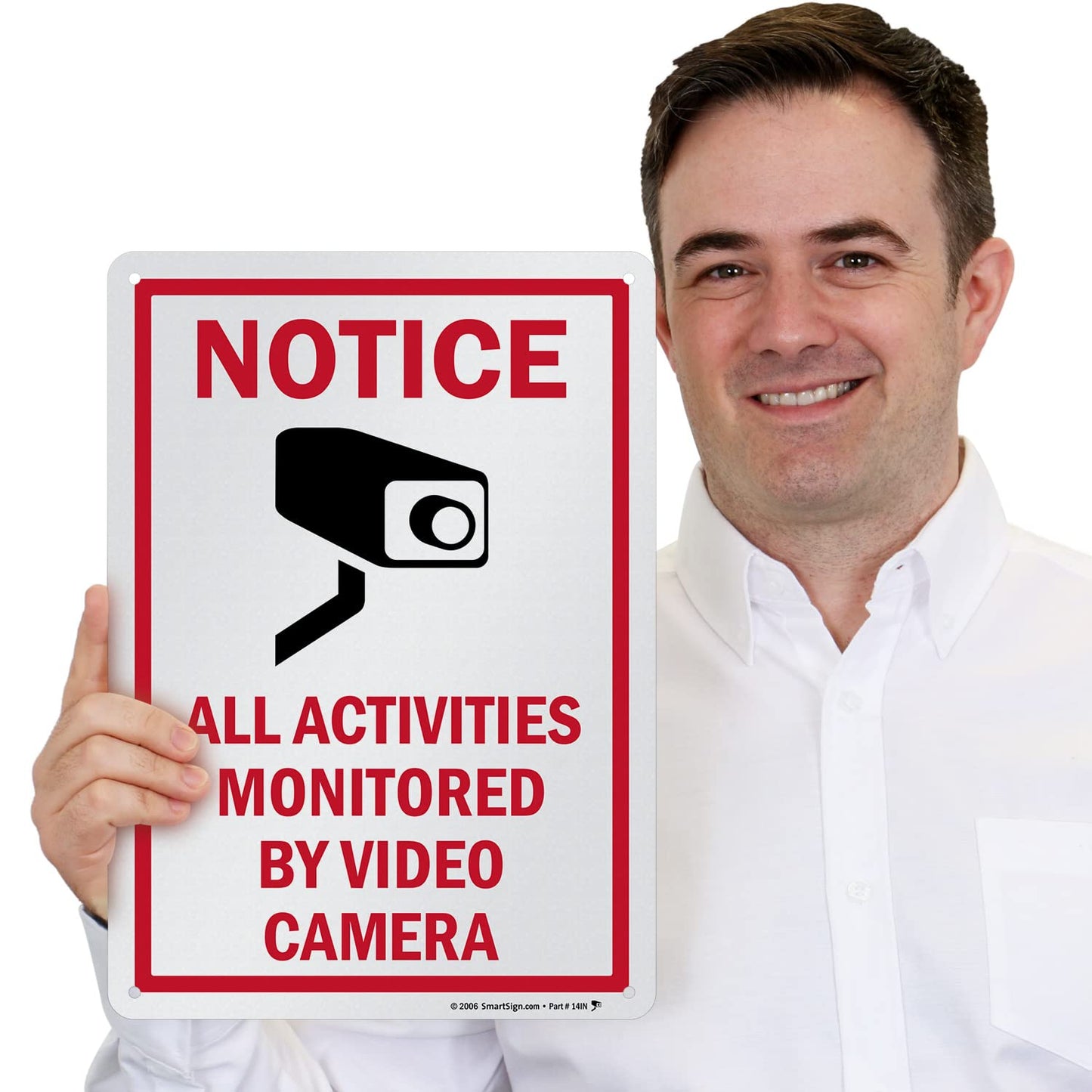 SmartSign 14 x 10 inch “Notice - All Activities Monitored By Video Camera” Metal Sign, 40 mil Laminated Rustproof Aluminum, Red, Black and White, Made in USA