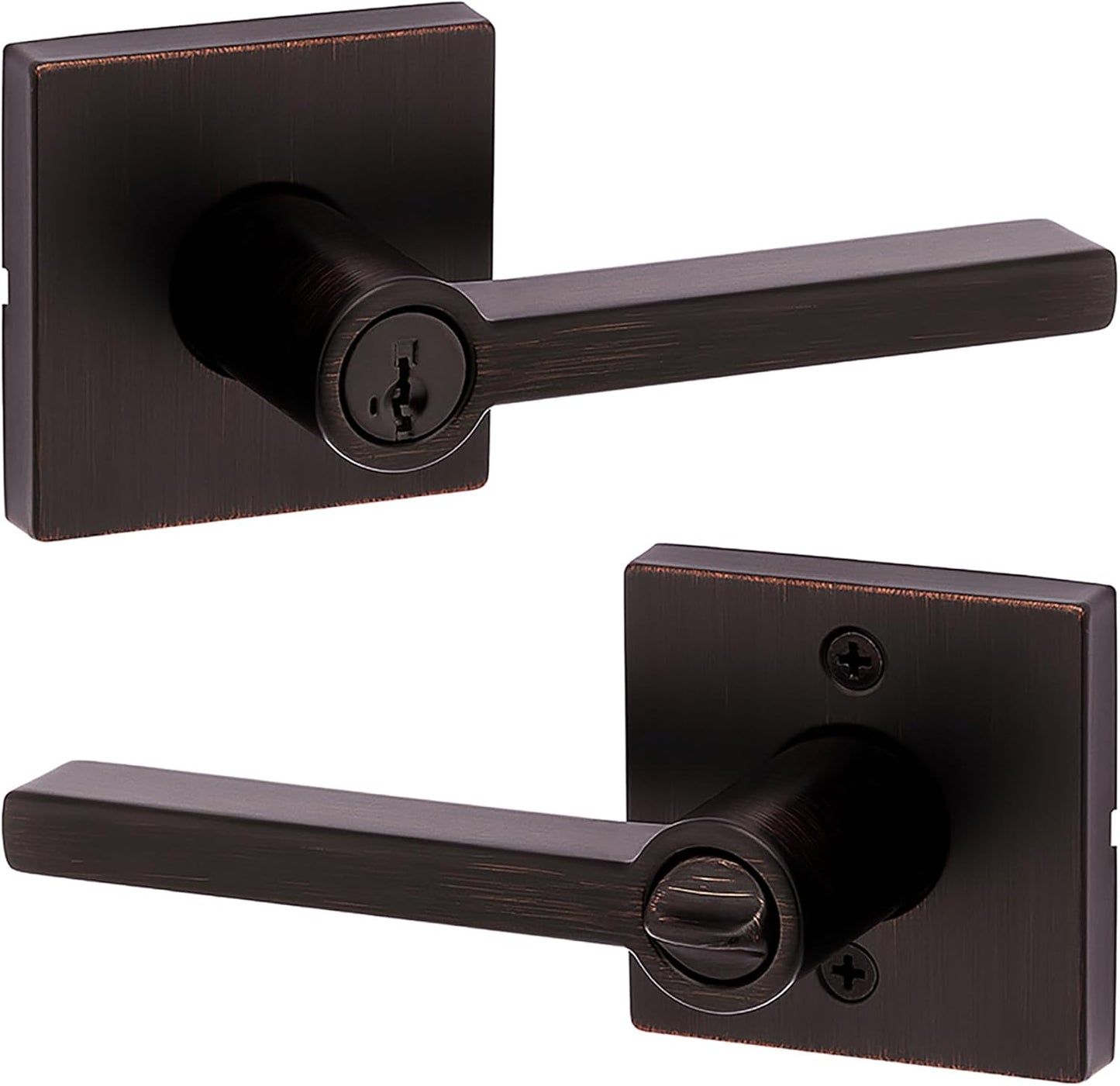 Kwikset Halifax Entry Door Handle with Lock and Key, Secure Keyed Reversible Lever Exterior, For Front Entrance and Bedrooms, Venetian Bronze, Pick Resistant Smartkey Rekey Security and Microban