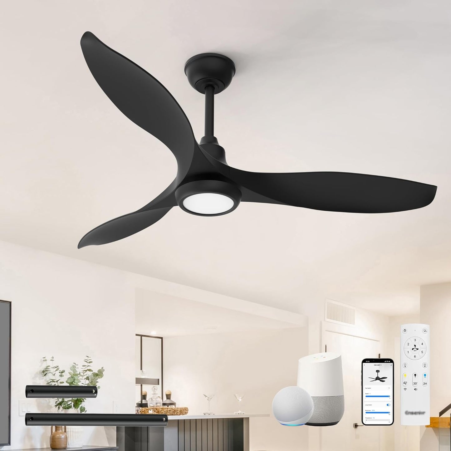 Ensenior 52 Inch Smart Ceiling Fans with Lights and Remote, Control via Alexa Google Voice App, 6 Speeds Reversible DC Motor 3000K-6000K, Dimmable LED, Black Bedroom Ceiling Fan with Lights - 3 Blades