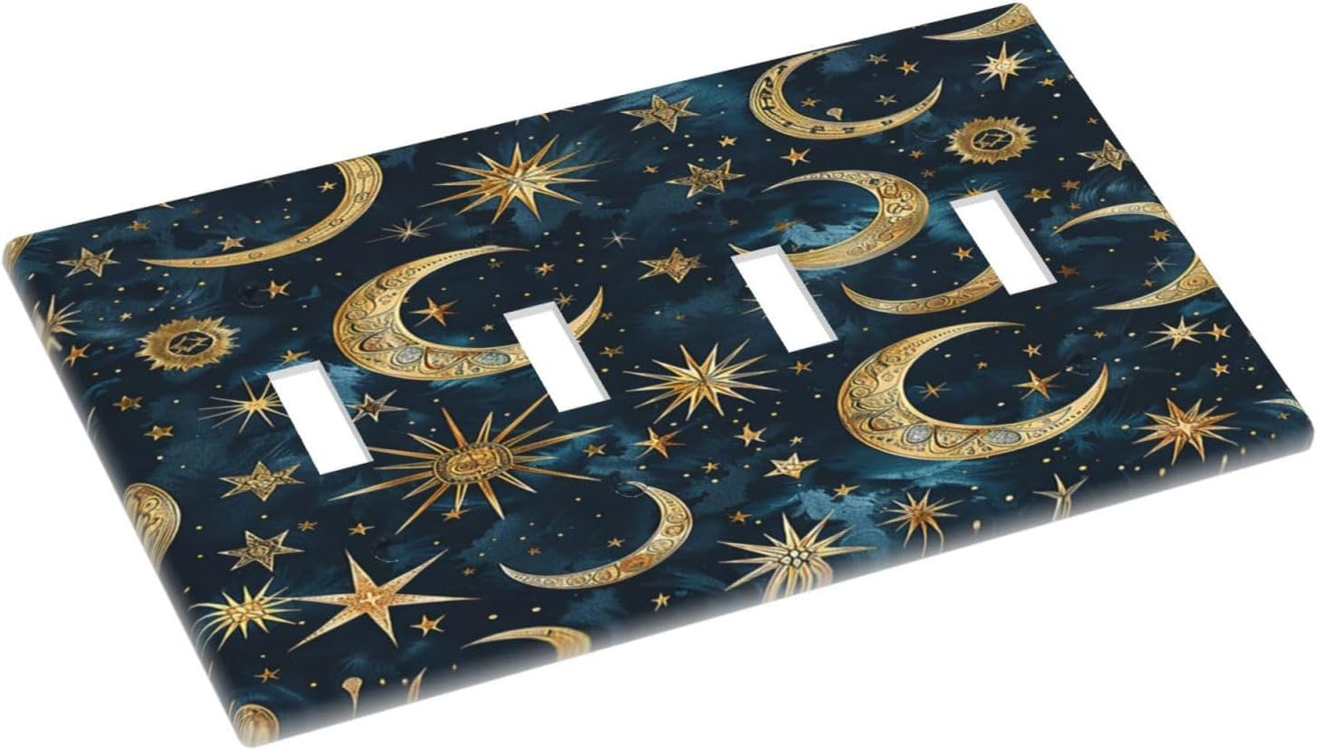 Light Switch Covers Modern Abstract Sky Blue Gold Moon Sun Star Quad Toggle Electrical Faceplate 4 Gang Wall Plate Decorative Switch Plates for Bedroom Kids room Decor