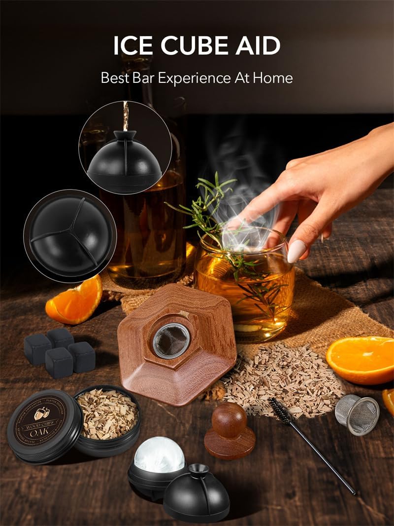 23Pcs Whiskey Smoker Kit with Torch-12 Wood Chips, Ice Ball Mold, Cocktail Smoker Infuser Kit, Old Fashioned Drink Smoker Kit, Birthday Bourbon Whiskey Gifts for Men,Dad,Him, Christmas