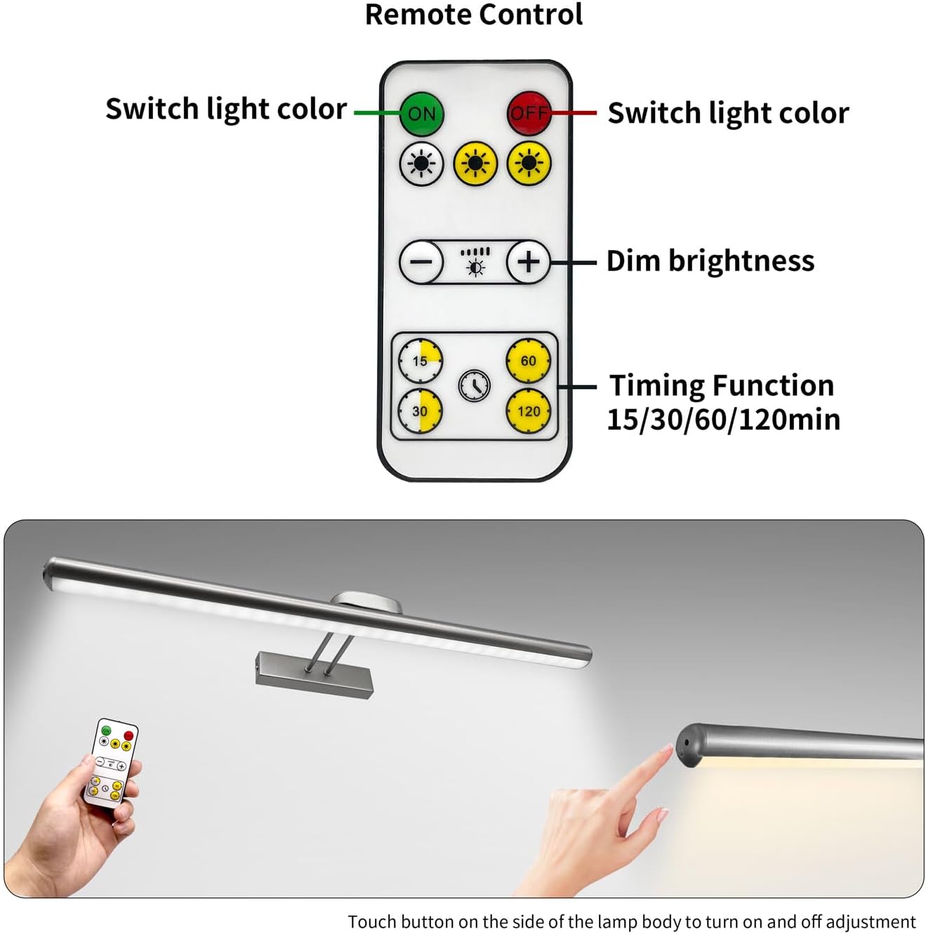 24.4" Wireless Picture Lights, Rechargeable Battery Art Display Light with Remote Control, Dimmable/Timer Off Dartboard Light, 3 Lighting Modes Full Metal Painting Display Lights (Nickel-1Pack)