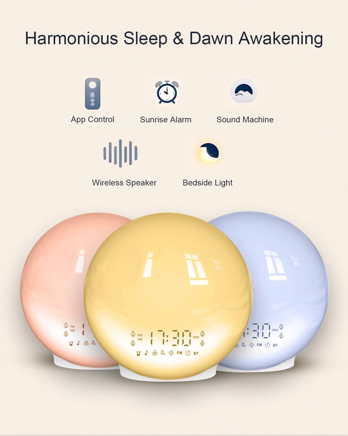 Smart APP Sunrise Alarm Clock with 4 Alarms & Natural Sounds for Heavy Sleepers, App No Signup, Wake Up Light, 11 Night Ligh, Sleep Aid 7 White Noise Machines & FM, Wireless Speaker (White, 1PCS)