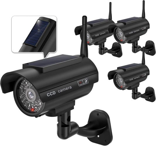 WALI Dummy Fake Camera, Solar Powered Fake Security Camera with LED Light, Simulated Surveillance Security CCTV Dome Cameras with Antenna and Warning Sticker Indoor Outdoor (SOL-TCB4), 4 Packs, Black