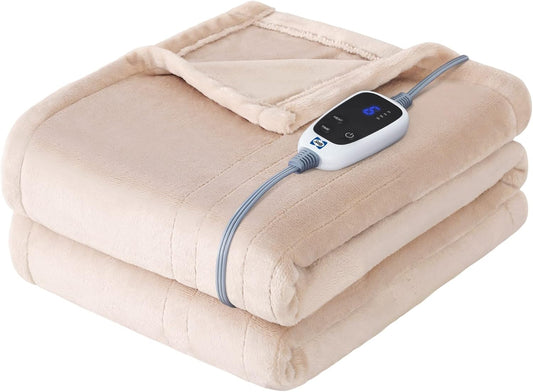 Sealy Electric Blanket Heated Throw, Soft Flannel Heated Blanket with 6 Heating Settings & 2-10 Hours Auto Shut Off, Fast Heating & Machine Washable, 50x60 Inch, Beige
