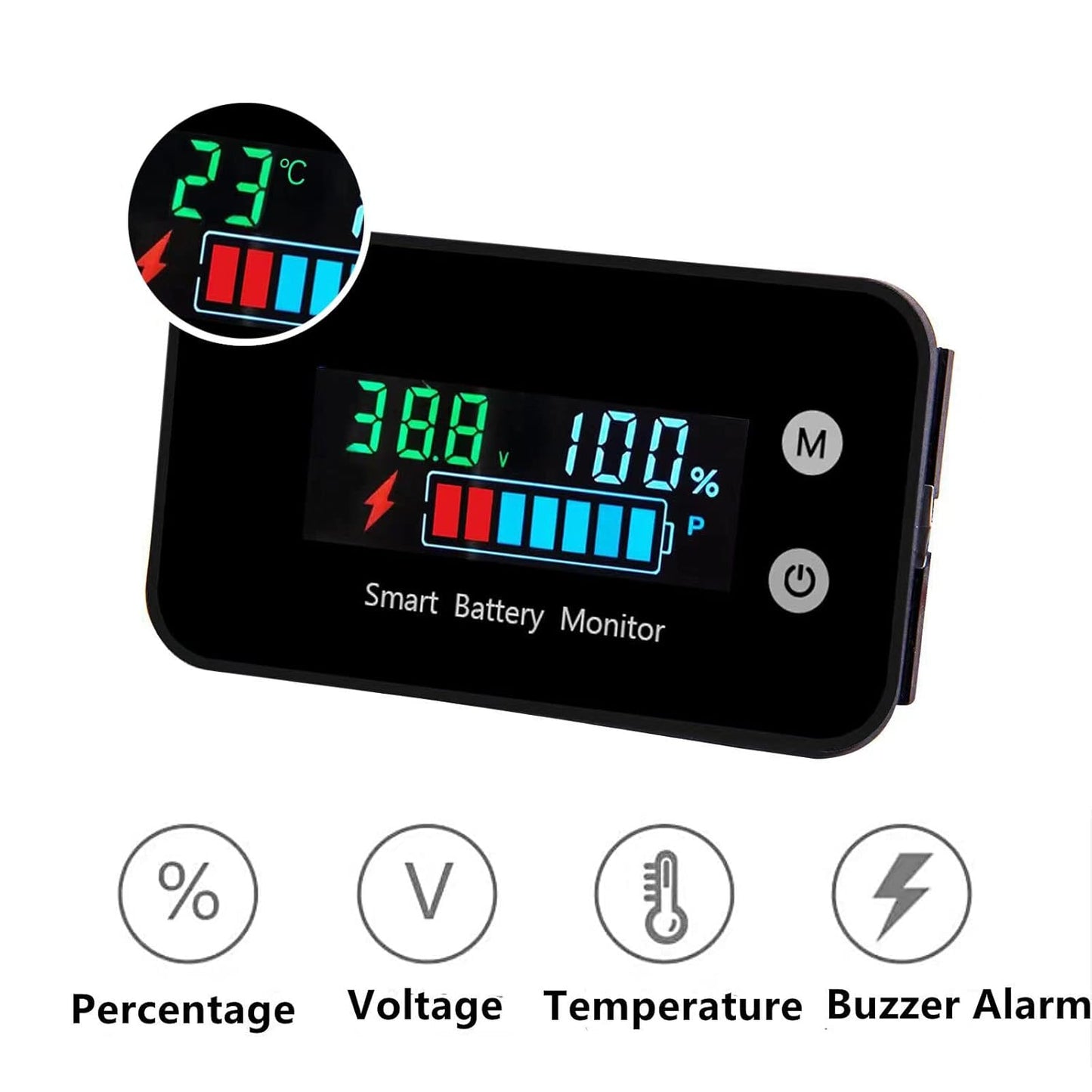 IPX7 Waterproof Battery Monitor12v 24v 36v 48v 60v 72v,Car Motorcycle Golf cart Battery Meter Digital Capacity Remaining Capacity Percentage Tester with Buzzer Alarm and Temperature