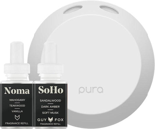 Pura Smart Home Fragrance Device Starter Set - Pura 4 - Scent Diffuser for Home - Includes Fragrance Aroma Diffuser - Square Box, SoHo and Noma Scent Refills