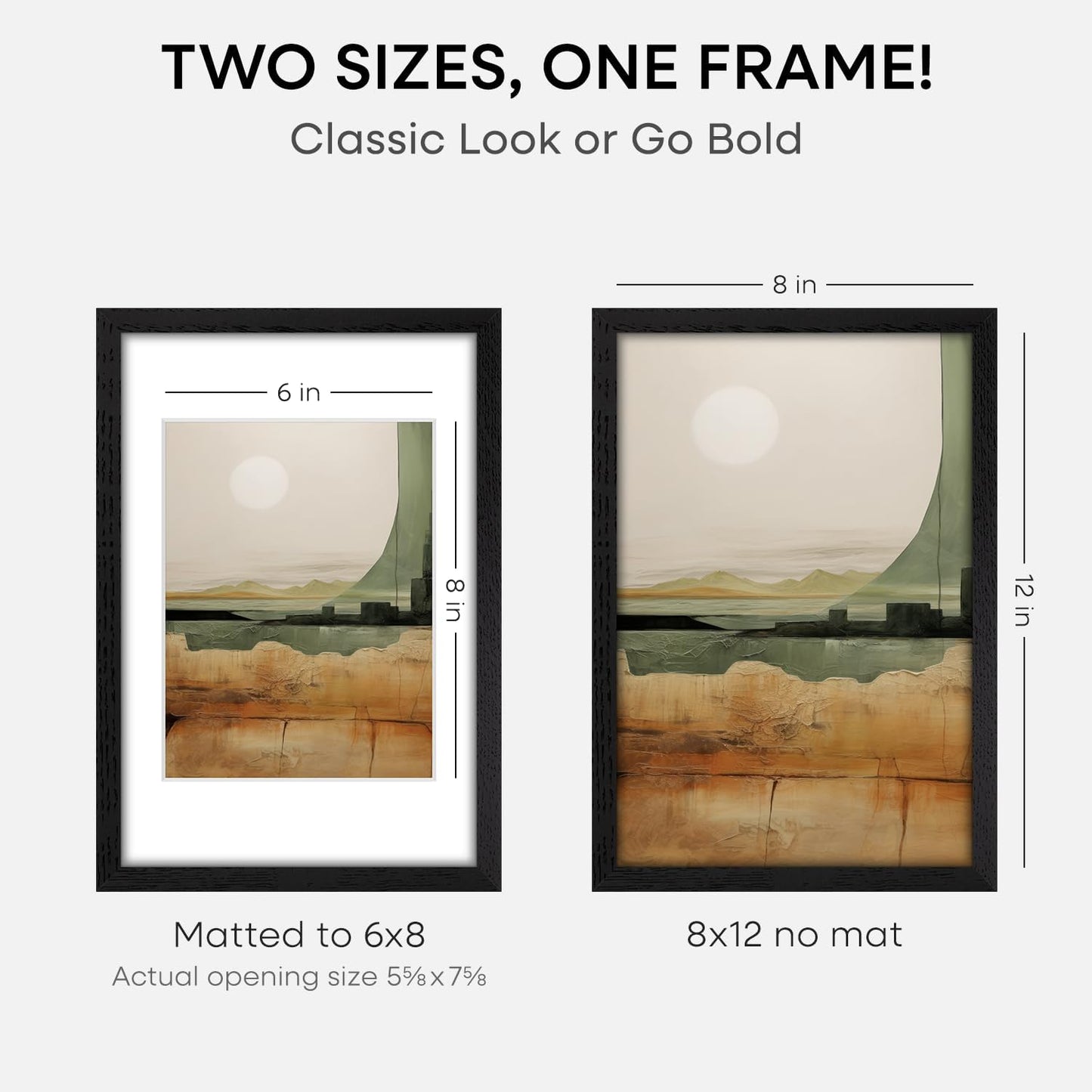 Homeforia 8x12 Black Picture Frame, High End Oak 8 x 12 Wood Frames with Mat 6 by 8 Print, 8by12 Wooden Frame Matted to 6x8 inch Photo, 12x8 Wall or Tabletop Frames, Tempered Glass, Wall Kit, Set of 3