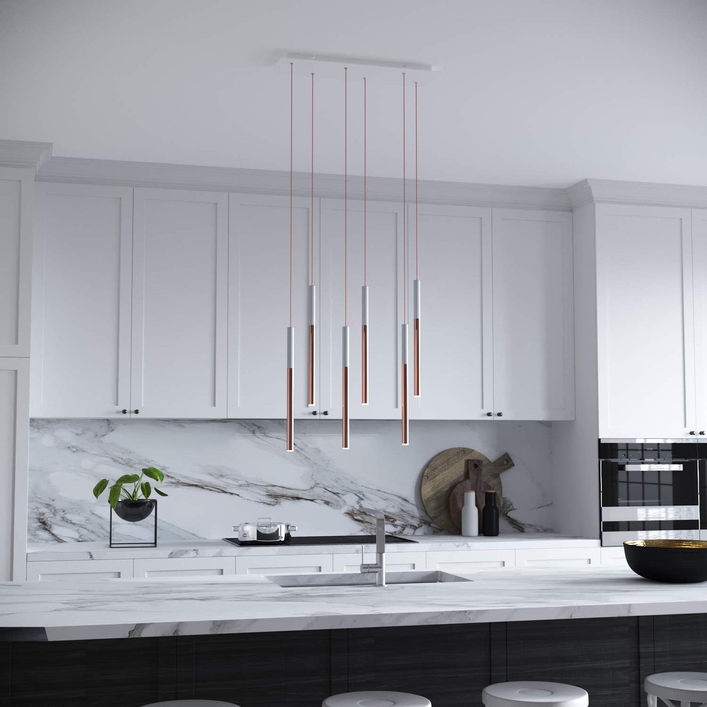 ALTAIR 6 Mini Pendant Lighting White-Copper - LED Hanging Light Fixture for Kitchen Island, Bar, Foyer - Cluster Pendants - Dimmable, Adjustable Wire, Lamp Bulb Included