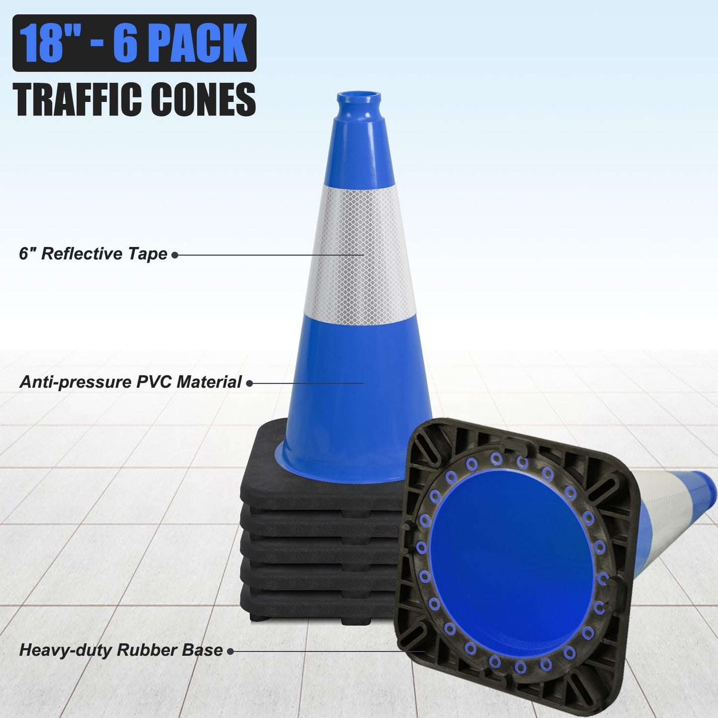 6 Pack 18" Inch Blue PVC Traffic Cones with Heavy-Duty Base, High-Visibility All-Weather Safety Cones for Road Construction, Parking Lot, and Garage Use (6, Blue, 18" Medium)