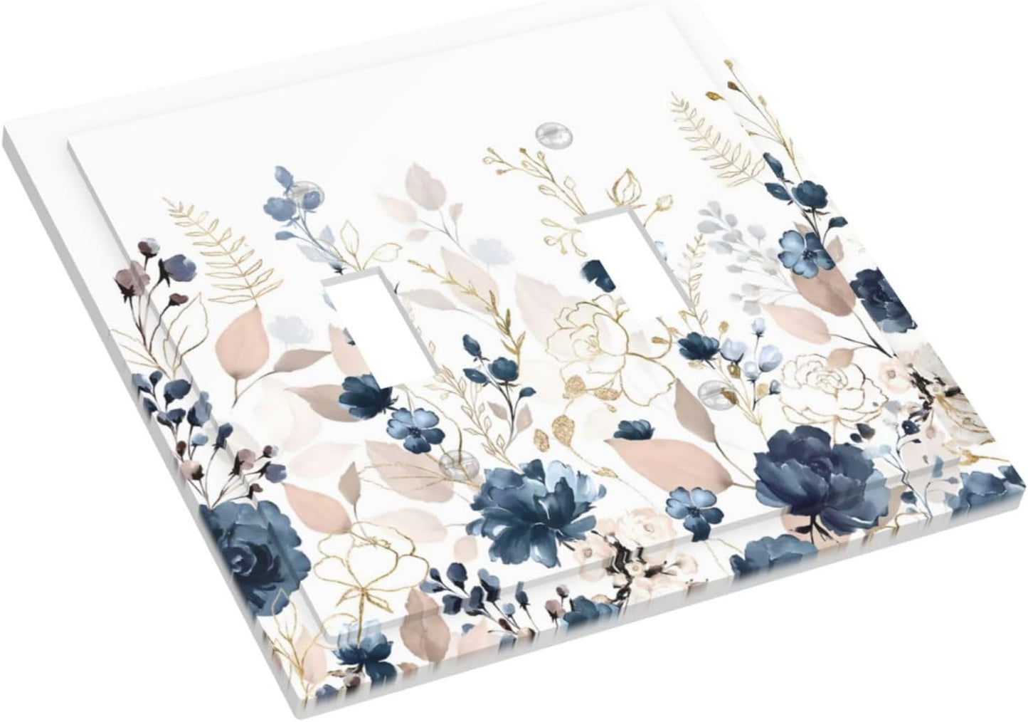 Blue Flora Boho Vintage Flower Golden Leaves Decorative Switch Plates 2 Gang Double Toggle Outlet Light Switch Cover Wall Plate Electrical Faceplate for Bedroom Living Room Decor