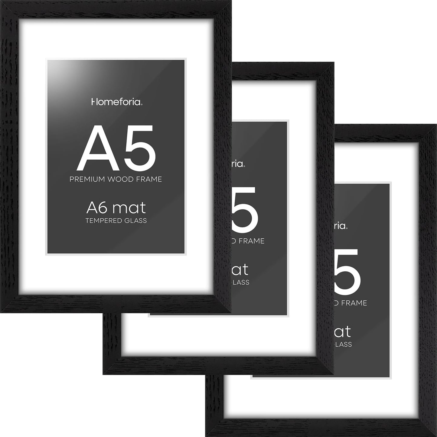 Homeforia A5 Picture Frame Black Wood, High-End Oak 5.8x8.3 Frame Matted to 4.1x5.8 inch Photo, A5 Size Walnut Wooden Frames with Mat A6 for Print, 5.8 by 8.3 Frame, Tempered Glass, Wall Kit, Set of 3