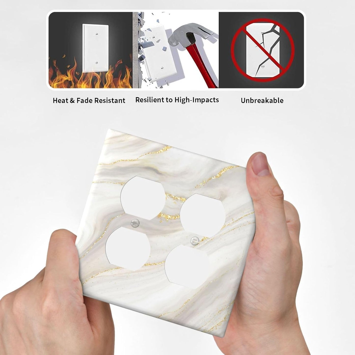 White Grey Gold Marble Simple Tiles Outlet Covers 2 Gang Double Duplex Decorative Light Switch Covers Electrical Wallplates Socket Faceplate for Bathroom Kitchen Decor