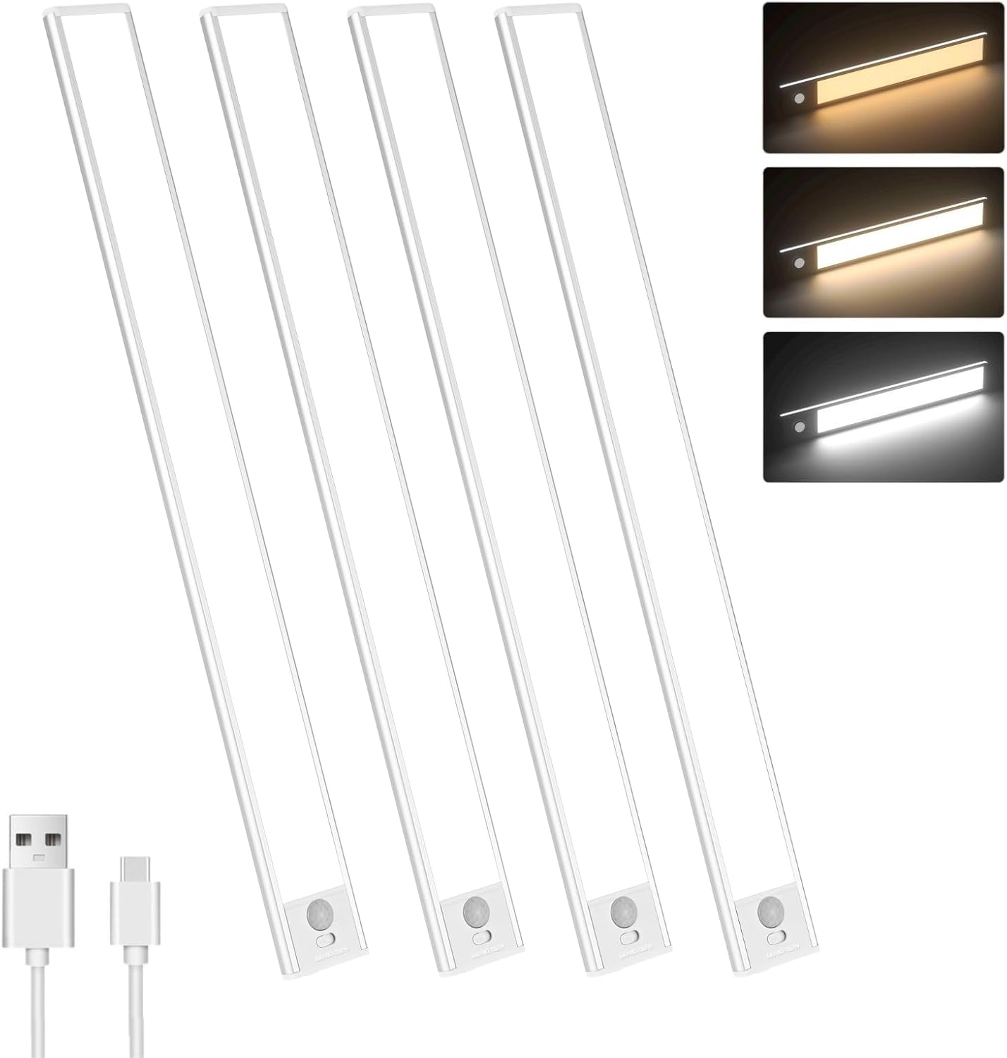Motion Sensor Under Cabinet Lighting-Magnetic Rechargeable Closet Lights for Kitchen,Stairs,Wardrobe | 3-Color Dimmable LED Under Counter Lighting | Pro Battery Upgrade (4, 8 inch)