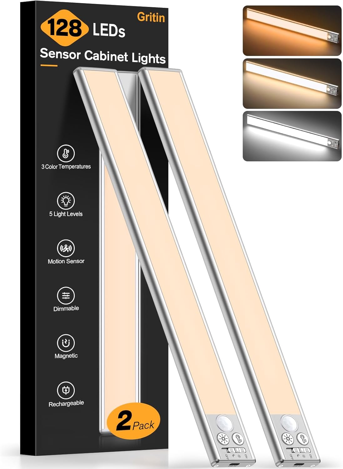 Gritin 14.7inch Under Cabinet Lighting Rechargeable - 128 LED Super Bright, 3-Color&5 Level Brightness, 4 Modes, Motion Sensor, Long Lasting-Easy Installation Magnetic Closet Lights - 2 Pack-Silver