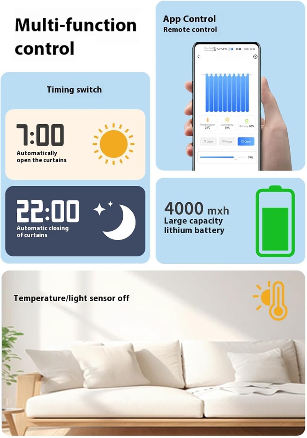 Garosa Smart Curtain Motor, WiFi Electric Automatic Window Curtain Opener with Quiet Mode Below 25dB for Roman Rod T U Shape Tracks