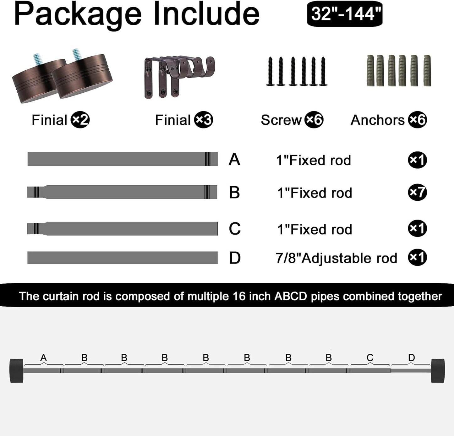 Adjustable Curtain Rods-18 to 144 Inches,1 Inch Modern Metal Drapery Rods, Adjustable Heavy Duty Curtain Pole with Simple End Caps