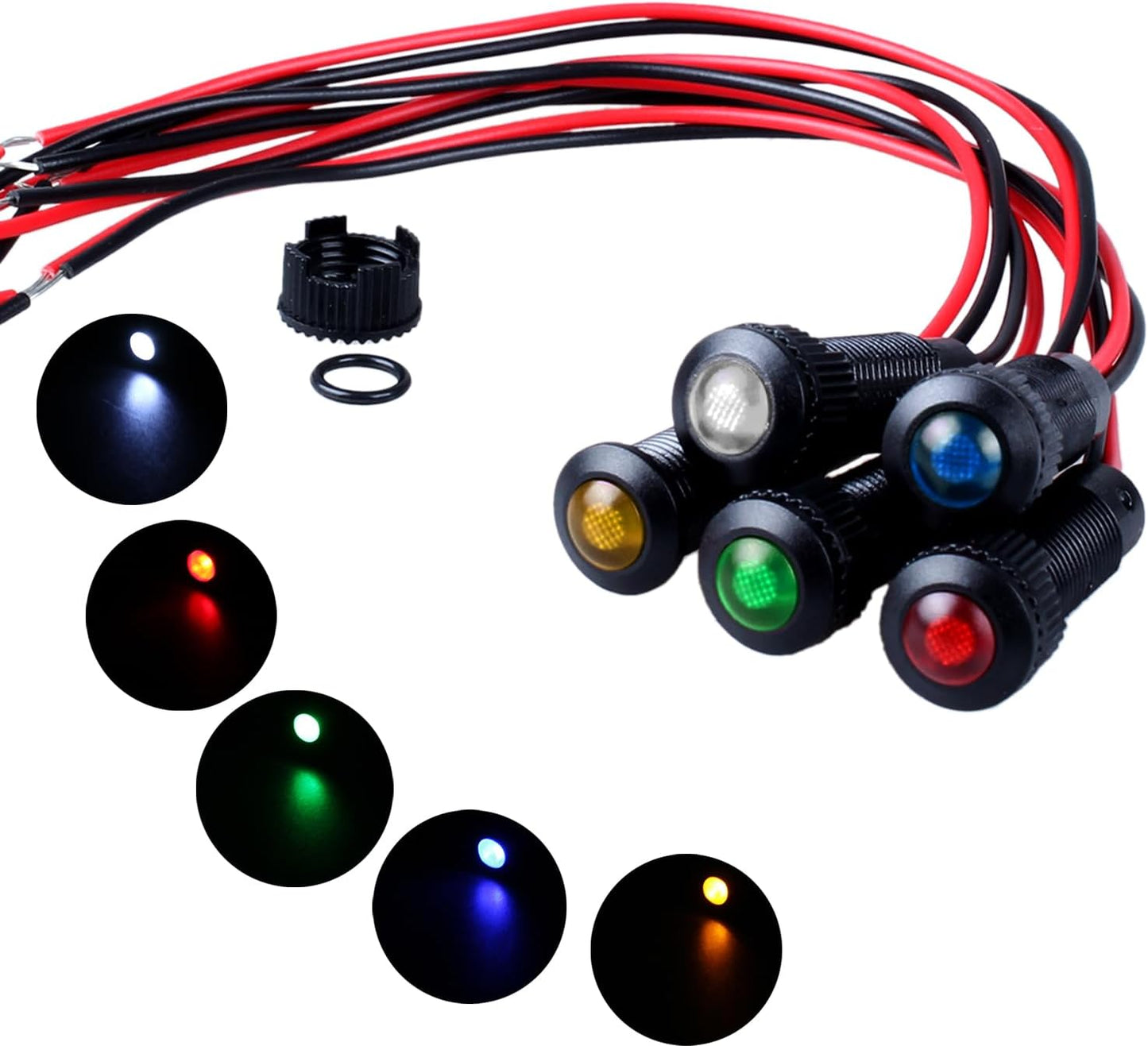 5pcs 8mm LED Indicator Light Plastic Black Signal Dot Lamp 12V-24V 5/16" Mounting Hole Size with 15cm/5.9in. Wire (Mix:Red White Yellow Blue Green)