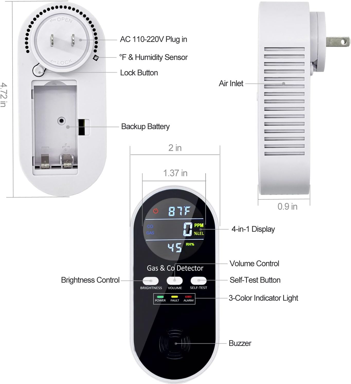 5-in-1 Upgraded Plug in Carbon Monoxide Detector and Natural Gas Detector, KH Alert Portable Carbon Monoxide Detector & Gas Leak Detector with 9V Battery Backup, CO Detector with ℉ & Humidity for Home