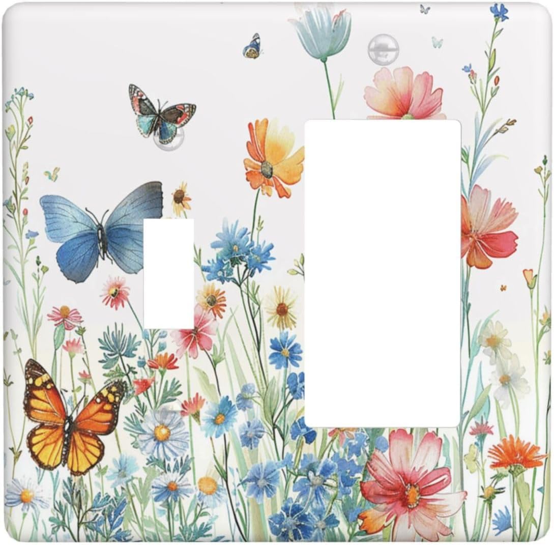 Decorative Outlet Covers Wildflower Blue Pink Floral Butterfly 2 Gang Light Switch Cover Plate Single Toggle 1 Rocker Wall Plates for Electrical Outlets Switch Plate Covers for Home Decor