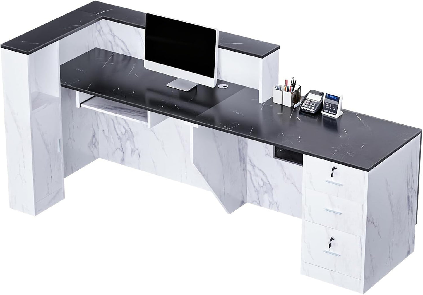 L-Shaped Modern Reception Desk with Counter & Storage - 71"/84" Large Office Front Desk, Salon Checkout Counter with Lockable Cabinets, Shelves & Drawers (Black & White, Left - 71''L x 34''W x 41''H)
