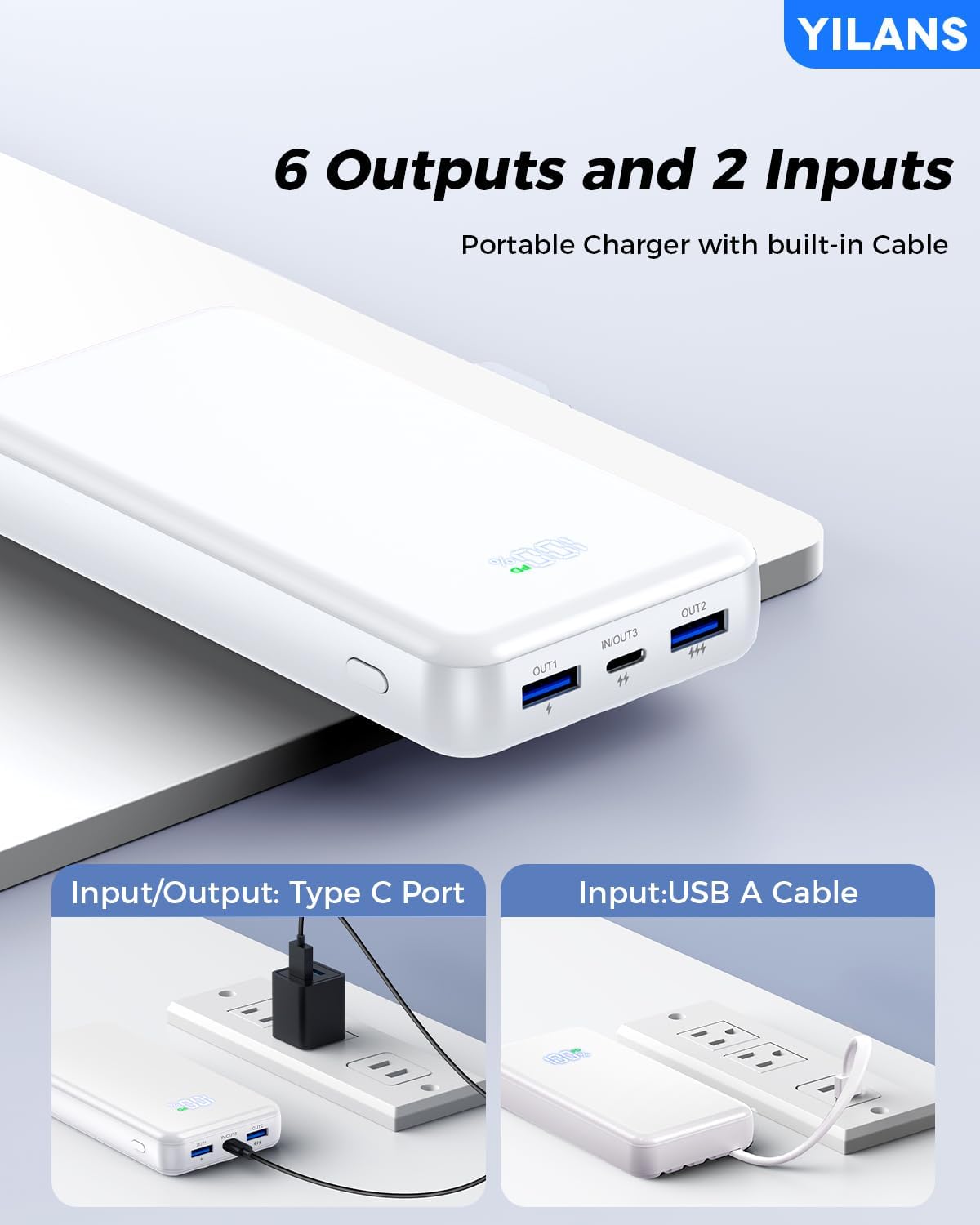 Portable Charger,50000mAh Power Bank Built-in Cable, 22.5W PD USB C In & Out Fast Charging, External Battery Pack with 6 Output & 2 Input, Travel Phone Charger for iPhone 17/16/15/14/13/12(White)