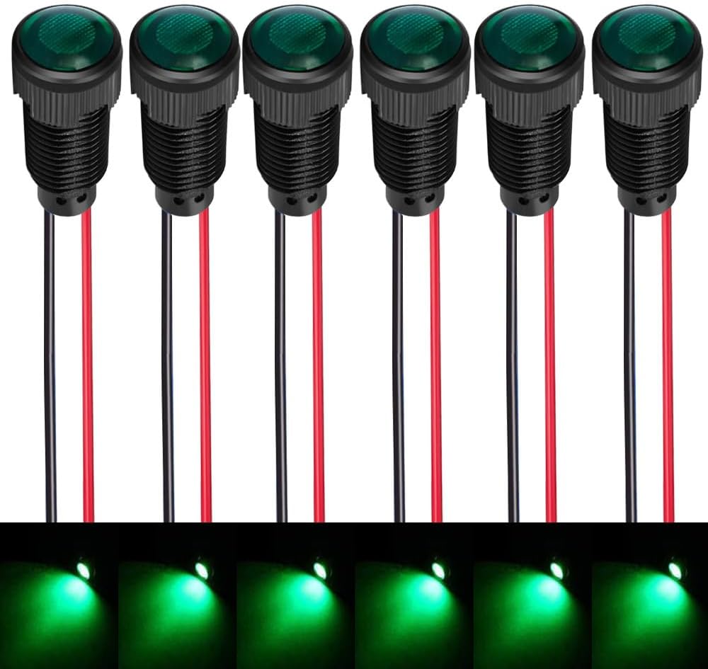 6pcs Green LED Indicator Pilot Light AC/DC 12-24V Mounting Hole Size 10mm(Flame Retardant Plastic Shell)