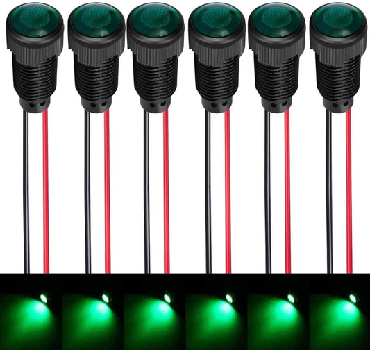 6pcs Green LED Indicator Pilot Light AC/DC 12-24V Mounting Hole Size 10mm(Flame Retardant Plastic Shell)