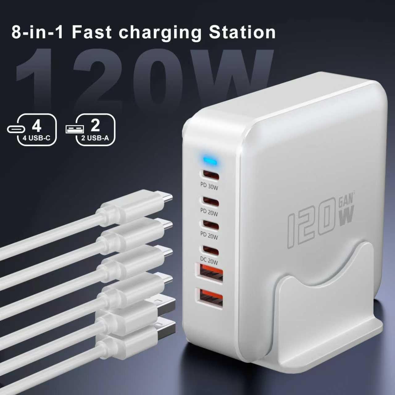 USB C Fast Charger Block, 120W 6-Port Charging Station GaN Hub Adapter, USB C Wall Multi Charger Power Strip Plug with On/Off Switch for iPad iPhone 17 16 15 14 13 12 Pro Max Galaxy S23 (White)