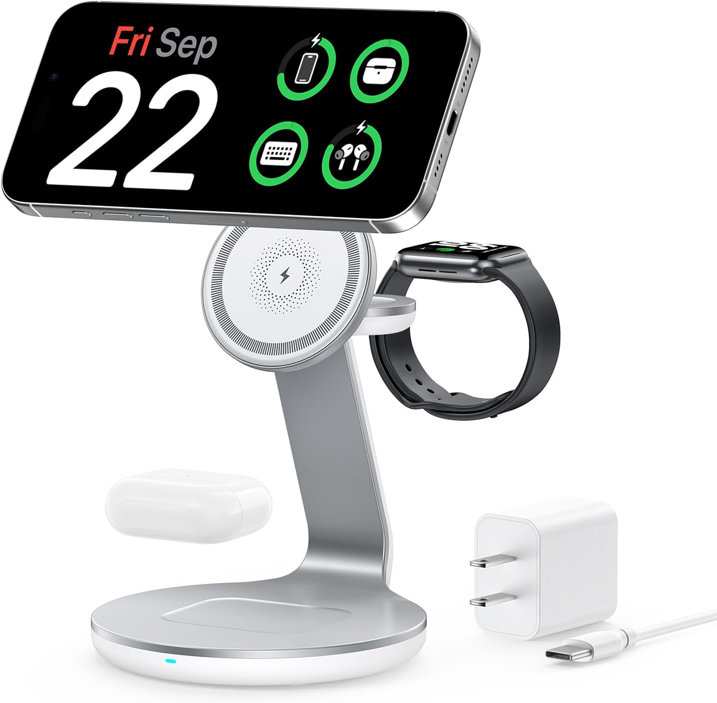 3-in-1 Charging Station Compatible with MagSafe for iPhone 17/16/15/14/13/12, Wireless Charger Stand for Apple Watch Series 11–2/SE/Ultra for AirPods Pro/4/3/2 Fast Charger with 18W Adapter