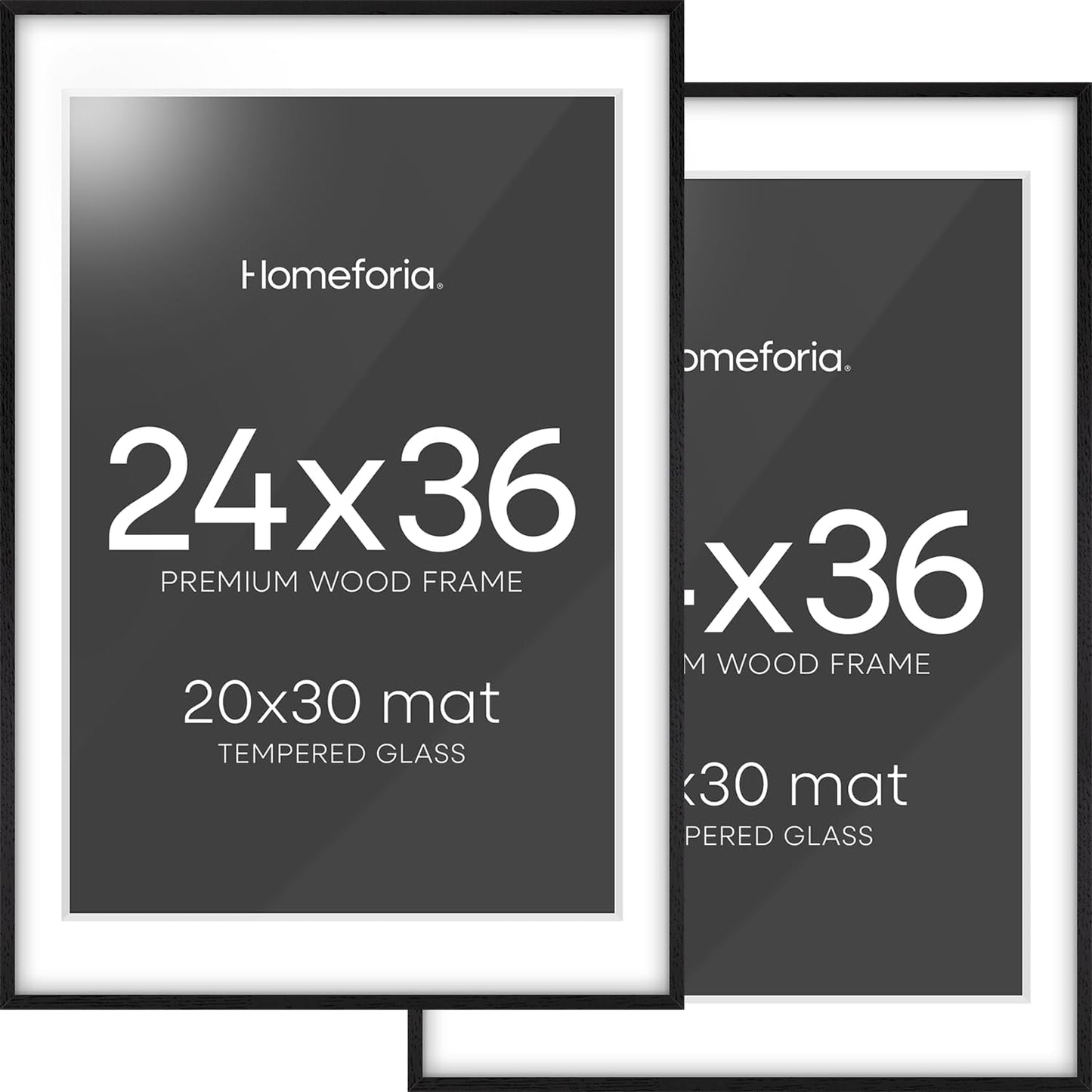 Homeforia 24x36 Black Wood Frame, High End Oak 24x36 Large Wooden Poster Frames with Mat 20x30 inch Photo, 24 x 36 Picture Frame Matted to 20 x 30, 36x24 Thin Frame, Tempered Glass, Wall Kit, Set of 2