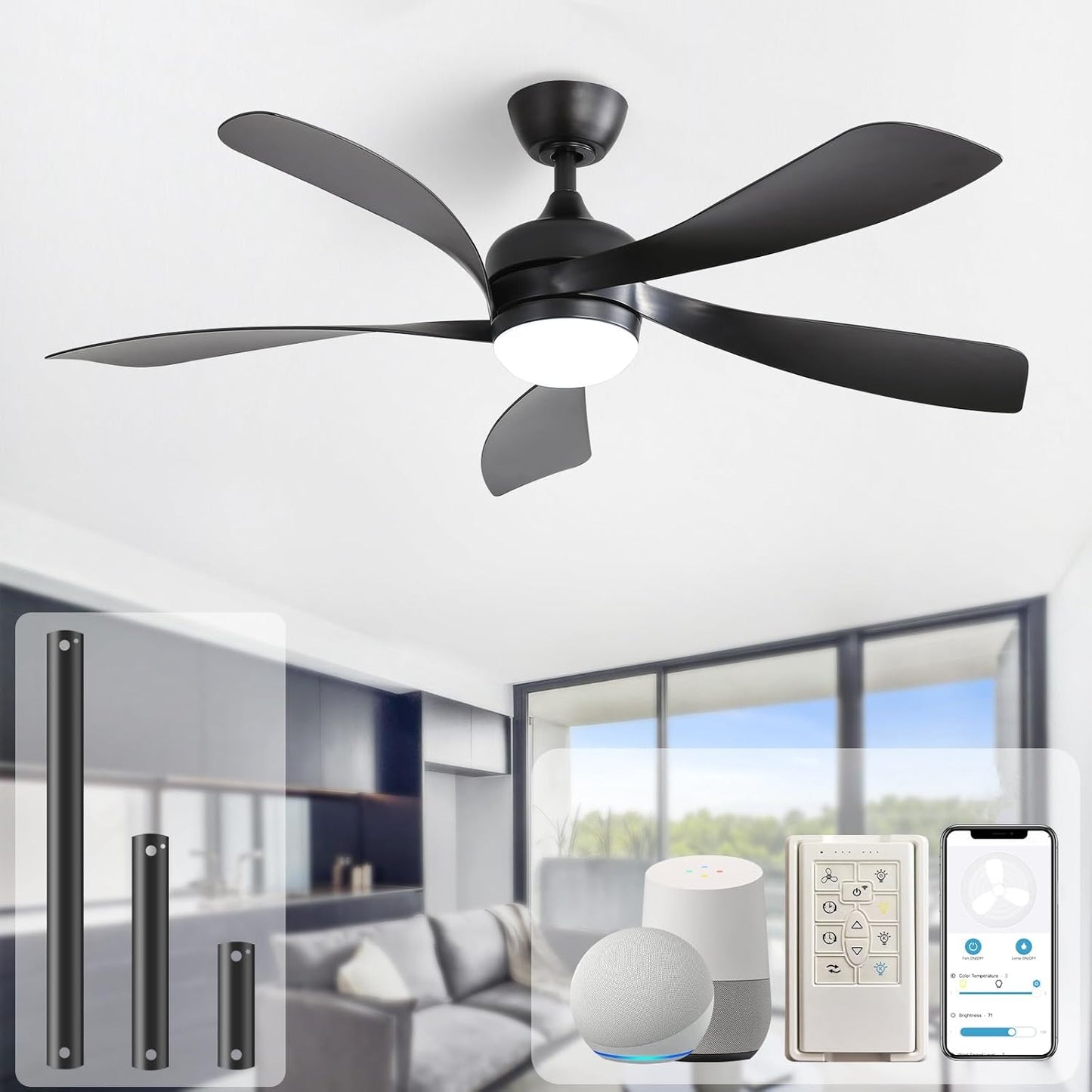 Sofucor 52" Smart Ceiling Fan, Indoor/Outdoor Black Ceiling Fans with Lights and Remote, Works with Alexa/Google/App, 3-Color Light 6-Speed Timing Reversible DC Motor for Bedroom Living Room Patio